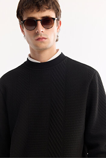 Avva Men's Regular Fit Black Crew Neck Striped Jacquard Sweatshirt A52Y1220