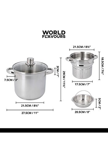 erorex World Of Flavours Pasta Pot With Strainer And Vegetable Steamer Basket, Stainless Steel, 4 L