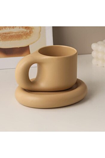 erorex Ceramic Coffee Chubby Mug Saucer Set, Creative Cute Fat Handle Cup Saucer Office Home, Dishwasher