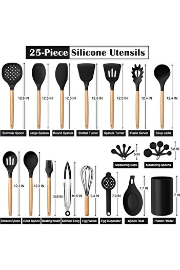 erorex Black Kitchen Utensils Set Holder, 25 Piece Silicone Cooking Utensil Set Wooden Handle Nonstick
