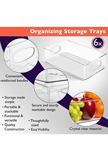 erorex Set 6 Refrigerator Organizer Bins Clear Stackable Storage Bins Fridge, Counter, Cabinet, Pantry