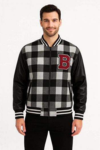 Kokosh moda Lumberjack College Jacket with Faux Leather Sleeves and Lining - Gray