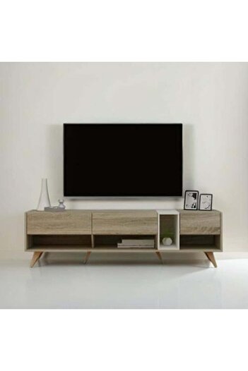BAITY Wooden TV Table with 3 Storage Drawers and Shelves - Malaysian Made - 179 cm - Wooden and White Colo
