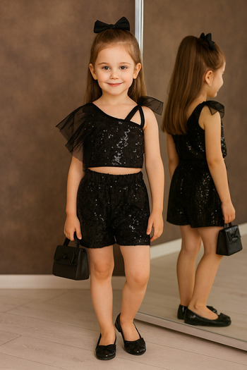 NA ADDESIGN Girl's Sequined One-Shoulder Party Set with Shorts |   Birthday & Dance Outfit