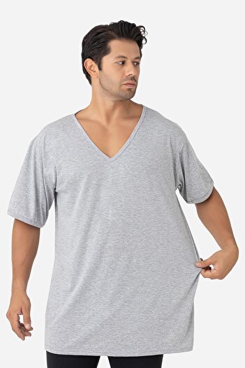 Arma Yıldız Men's Gray V-Neck Short Sleeve Plus Size Basic T-Shirt 100% Cotton Combed Cotton