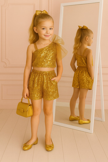 NA ADDESIGN Girl's Sequined One-Shoulder Party Set with Shorts |   Birthday & Dance Outfit