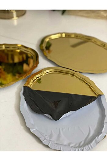 Midilli Home 20*25 CM PARLAK GOLD OVAL MODEL 6 ADET SERVİS VE SUNUM TEPSİSİ