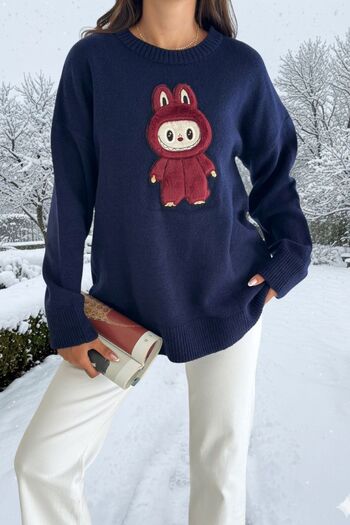 Moda Amore Labubu Appliqué Embroidered Oversized Sweater |   Gray, White, Burgundy, Yellow, Blue, Navy Blue, Pink 66022