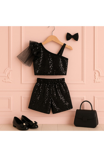 NA ADDESIGN Girl's Sequined One-Shoulder Party Set with Shorts |   Birthday & Dance Outfit