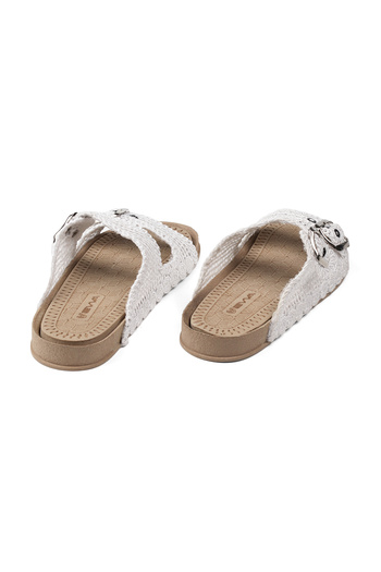 KAJILA Women's White Straw Slippers Knitted Lace Embroidered Knitwear Summer Vacation Home Casual Slippers