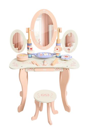 LITTLE ANGEL - Kids Wooden Princess Dressing Table-Role Play With 3 Mirror & Stool - Pink