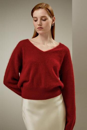 Madmext Red V-Neck Soft Textured Women's Sweater Mg2499