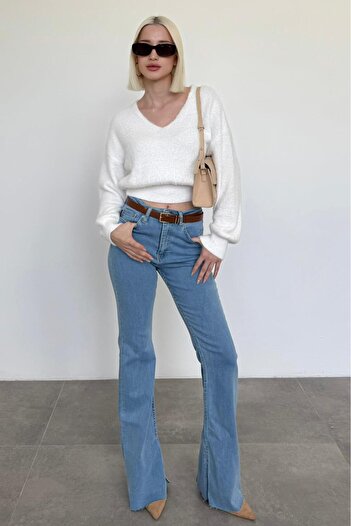 Madmext Bone Color V-Neck Soft Textured Women's Sweater Mg2499