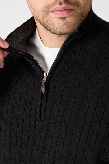Frappoli Focus Men's Black Hair Knit Half Zipper Cotton Blend Sweater