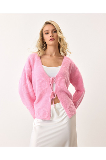 Lusin Women's Pink Stylish Embossed Detailed Soft Knitwear Kimono Cardigan