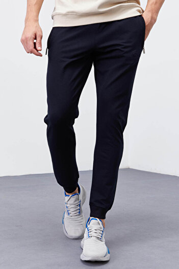 TOMMY LIFE Navy Blue Men's Sweatpants with Zipper Pockets T01Er-84343