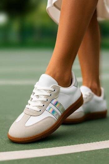 Nstil Women's White Lace-Up Lightweight Ankle Support Soft Sole Hologram Suede Casual Shoes 471