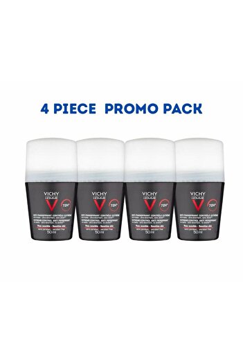 Vichy Homme 72H Extreme Control Anti-Perspirant Roll-On 4 Piece (Sensitive Skin, Paraben-Free, 50ml Each)