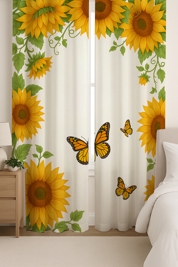 Else Dekor Sunflower Flowers Patterned Double Winged Backdrop Curtain Suede Living Room Hall Kitchen 140X260Cm