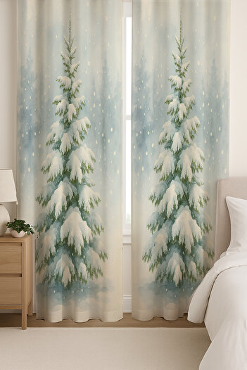Else Dekor Winter Themed Pine Tree Patterned Double Winged Backdrop Curtain Suede Living Room Hall Kitchen 140X260Cm