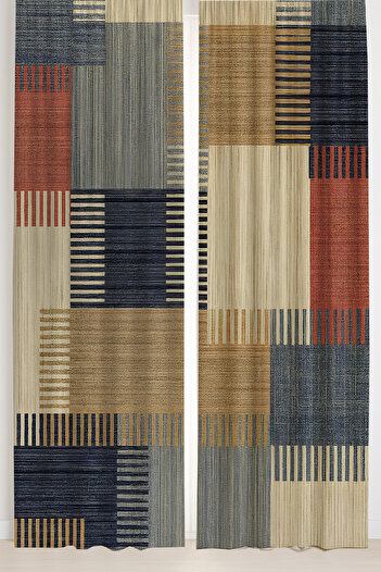 Else Dekor Vintage Geometric Patterned Double Winged Backdrop Curtain Suede Living Room Hall Kitchen 140X260Cm