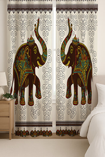 Else Dekor Indian Filler Patterned Double Winged Backdrop Curtain Suede Living Room Hall Kitchen 140X260Cm