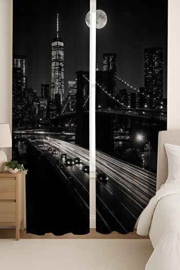 Else Dekor New York Night View Cityscape Patterned Double Winged Backdrop Curtain Suede Living Room Hall Kitchen