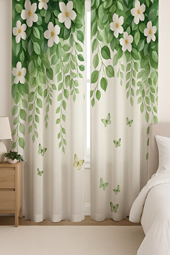 Else Dekor Green Leafed Flowers Butterfly Patterned Double Winged Backdrop Curtain Suede Living Room Hall Kitchen