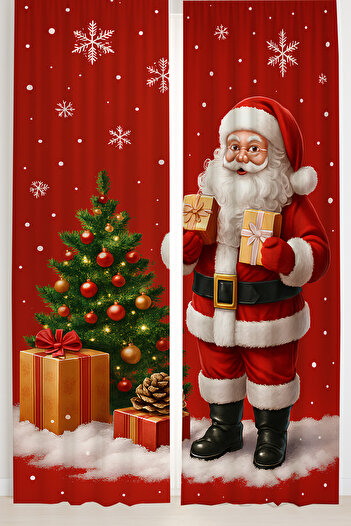 Else Dekor Santa Claus and Pine Tree Pattern Double Winged Backdrop Curtain Suede Living Room Lounge Kitchen 140X260Cm