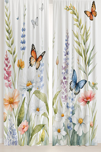 Else Dekor Flowers Butterfly Patterned Double Winged Backdrop Curtain Suede Living Room Hall Kitchen 140X260Cm