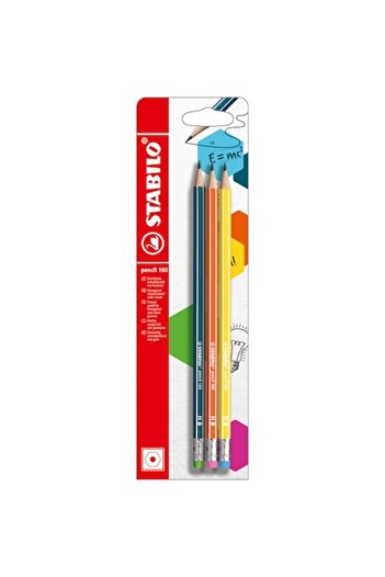 Stabilo Creion grafit 160, 2.2 mm, HB, cu radiera, corp galben, portocaliu, verde petrol, set 3 buc/blister