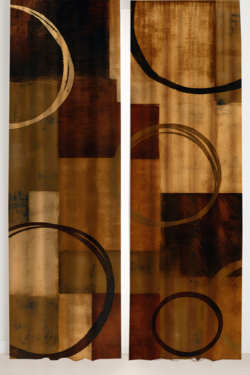 Else Dekor Brown Geometric Circle and Square Patterned Double Winged Backdrop Curtain Suede Living Room Hall Kitchen
