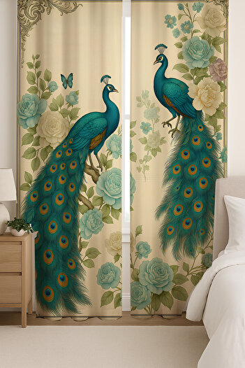 Else Dekor Vintage Peacock Patterned Double Winged Backdrop Curtain Suede Living Room Hall Kitchen 140X260Cm