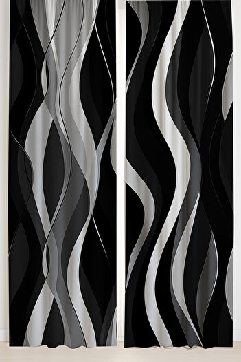Else Dekor Black Gray Wavy Patterned Double Winged Backdrop Curtain Suede Living Room Hall Kitchen 140X260Cm