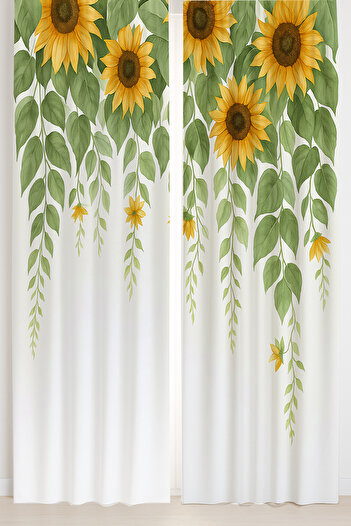 Else Dekor Green Leaf Sunflower Patterned Double Winged Backdrop Curtain Suede Living Room Hall Kitchen 140X260Cm