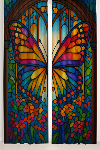 Else Dekor Colorful Butterfly Stained Glass Patterned Double Winged Background Curtain Suede Living Room Hall Kitchen 140X260Cm
