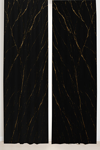 Else Dekor Yellow Black Marble Patterned Double Winged Backdrop Curtain Suede Living Room Hall Kitchen 140X260Cm