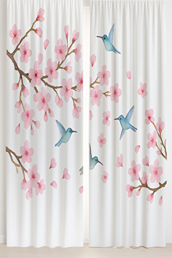 Else Dekor Spring Themed Pink Flower Birds Patterned Double Winged Backdrop Curtain Suede Living Room Hall Kitchen