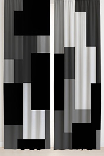 Else Dekor Black Gray Block Geometric Patterned Double Winged Backdrop Curtain Suede Living Room Hall Kitchen 140X260Cm