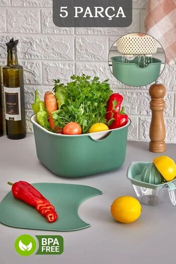 Leony Mixing Bowl, Cutting Board, Strainer, Lemon Squeezer and Measuring Cup-5 Piece Salad Set