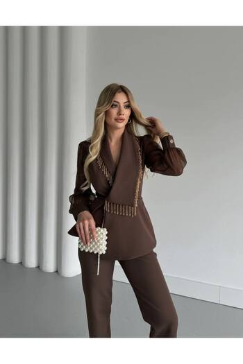 1Moda1Tarz Women's Imported Fabric Pleated Pearl Embroidered Sleeve Button Detailed Lined Special Design Bottom-Top Set