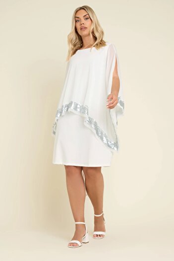 Şans Women's Plus Size White Sequin Embellished Cape Evening Dress 65N39115
