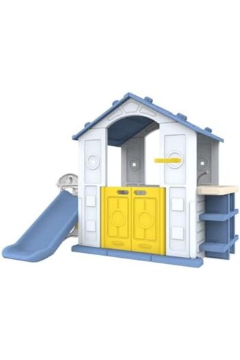 Generic TOY MONARCH Children's Outdoor Playhouse with Slide, Storage Shelves, Yellow Doors, White and Blue