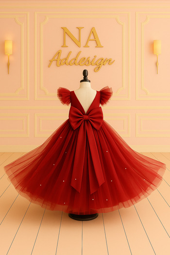 NA ADDESIGN Girl's Long Tulle Puffy Evening Dress, Girl's Party Dress, White, Red Color Options
