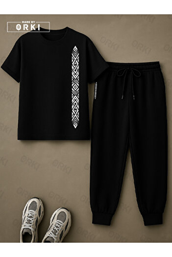 EFFRENATU Trendy Stylish Printed Oversized Black T-Shirt & Black Pants Tracksuit Set