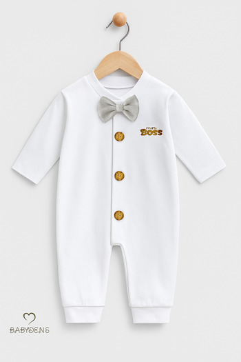 BABYDEN'S Baby Boy Romper with Little Boss Bow Tie - Button-Up Design, Long Sleeve 100% Cotton Newborn Romper