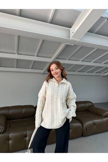 DONNA LISSA Turtleneck Hair Braided Zippered Oversize Knitwear Sweater