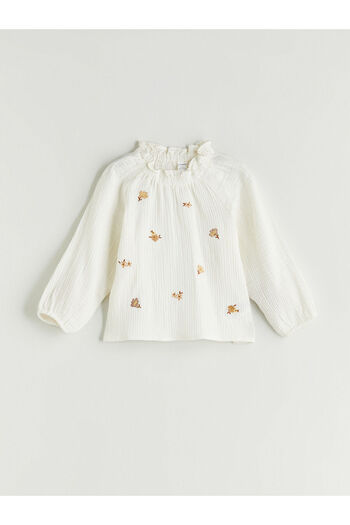 LC Waikiki Ruffled Stand Collar Flower Embroidery Girl's Blouse