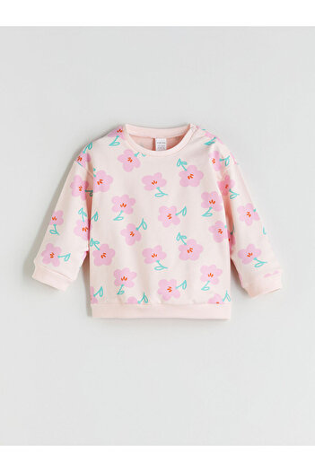 LC Waikiki Pink Crew Neck Printed Baby Girl Sweatshirt and Leggings 2-Piece Set