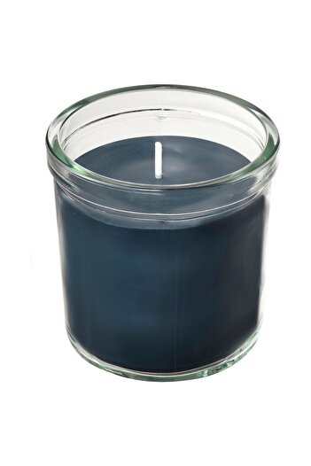 IKEA FRUKTSKOG Scented candle in glass, Vetiver & geranium/black-turquoise, 40 hr